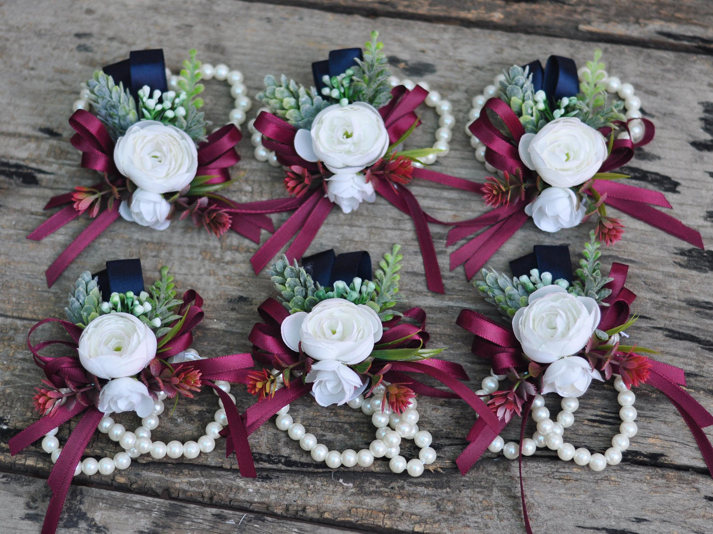White Rose Pearl Bracelet Wrist Corsage Prom Gift for Her, Bridesmaid Gift, Burgundy Ribbon Tie Swag, Bridal Accessories, Boutonniere Gift