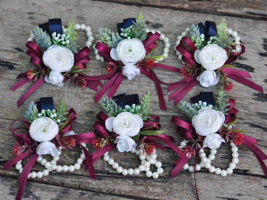 White Rose Pearl Bracelet Wrist Corsage Prom Gift for Her, Bridesmaid Gift, Burgundy Ribbon Tie Swag, Bridal Accessories, Boutonniere Gift