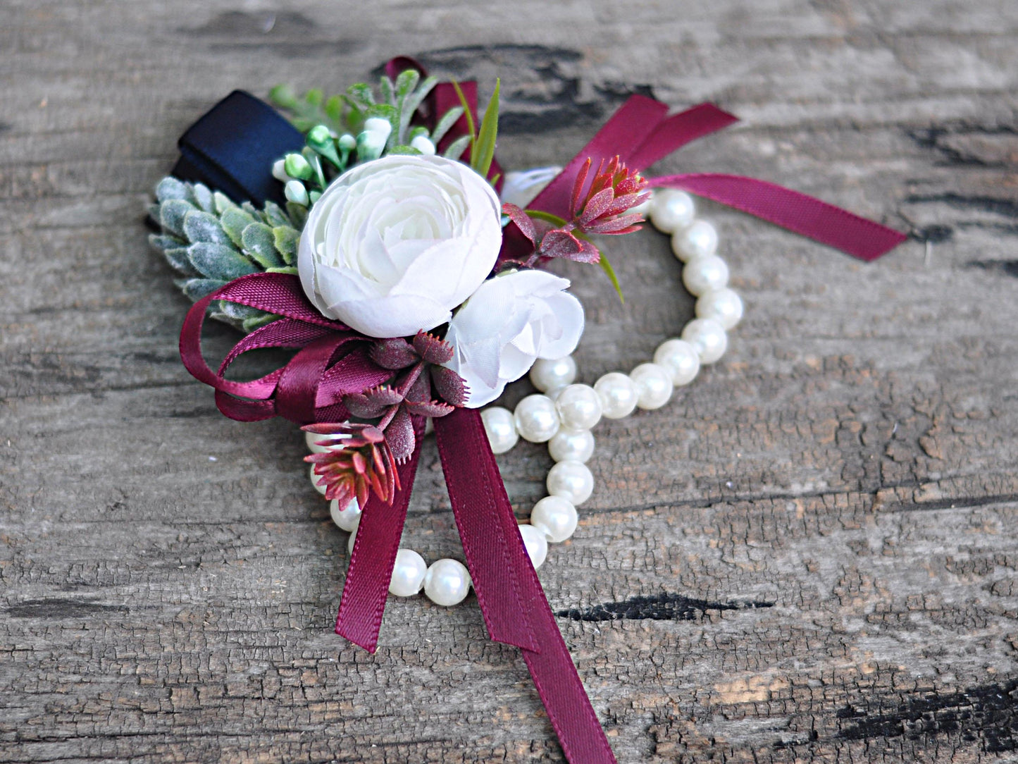White Rose Pearl Bracelet Wrist Corsage Prom Gift for Her, Bridesmaid Gift, Burgundy Ribbon Tie Swag, Bridal Accessories, Boutonniere Gift