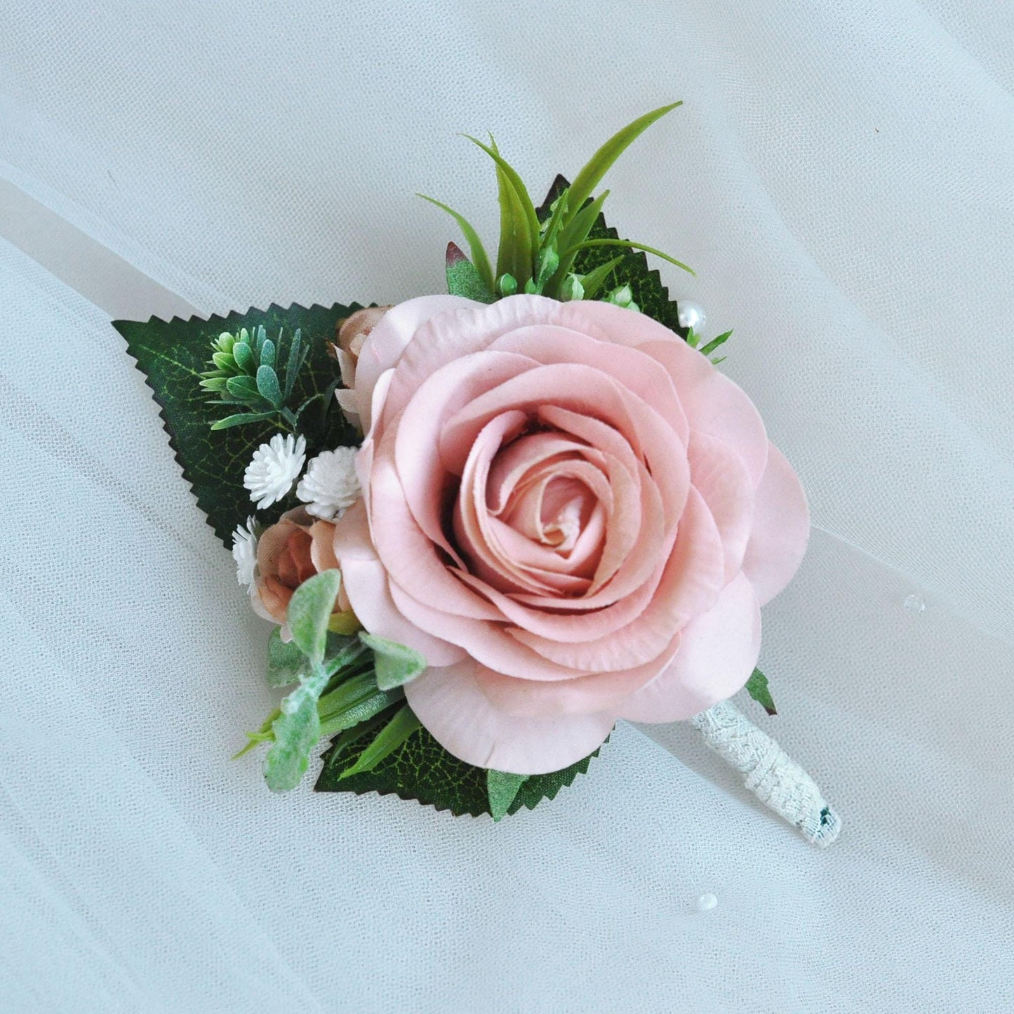 Real Touch White Rose Boutonniere Gift For Groom, Fathers, Groomsmen Gift, Wedding Pin Corsage, Dusty Pink Proposal Lace Prom Boutonniere