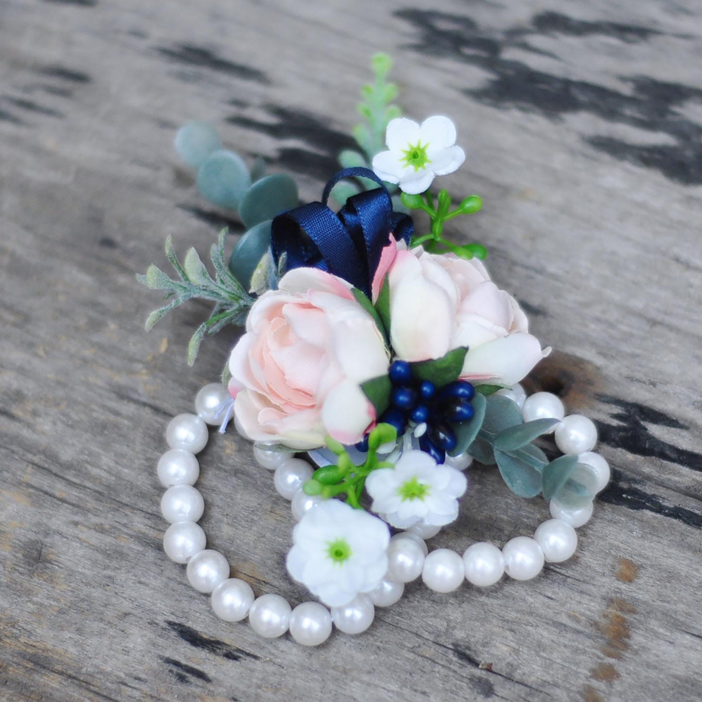 Rustic Champagne Pink Rose Pearl Bracelet, Navy Wrist Corsage Gift For Her Military Wedding, Mom, Bridesmaid Gift, Prom, Bridal Accessories