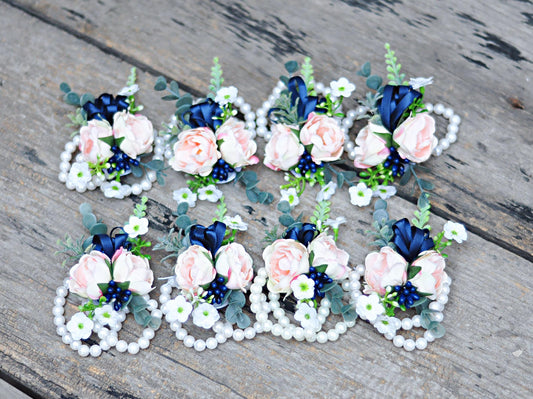 Rustic Champagne Pink Rose Pearl Bracelet, Navy Wrist Corsage Gift For Her Military Wedding, Mom, Bridesmaid Gift, Prom, Bridal Accessories