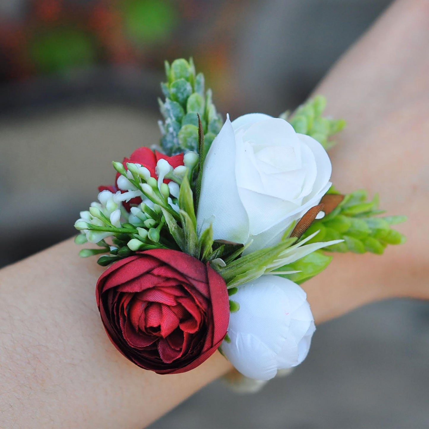 Burgundy Red Rose Pearl Bracelet Wrist Corsage Bridesmaid Gift for Her Anniversary, Rustic Wedding Bridal Accessories, Prom Boutonniere Gift