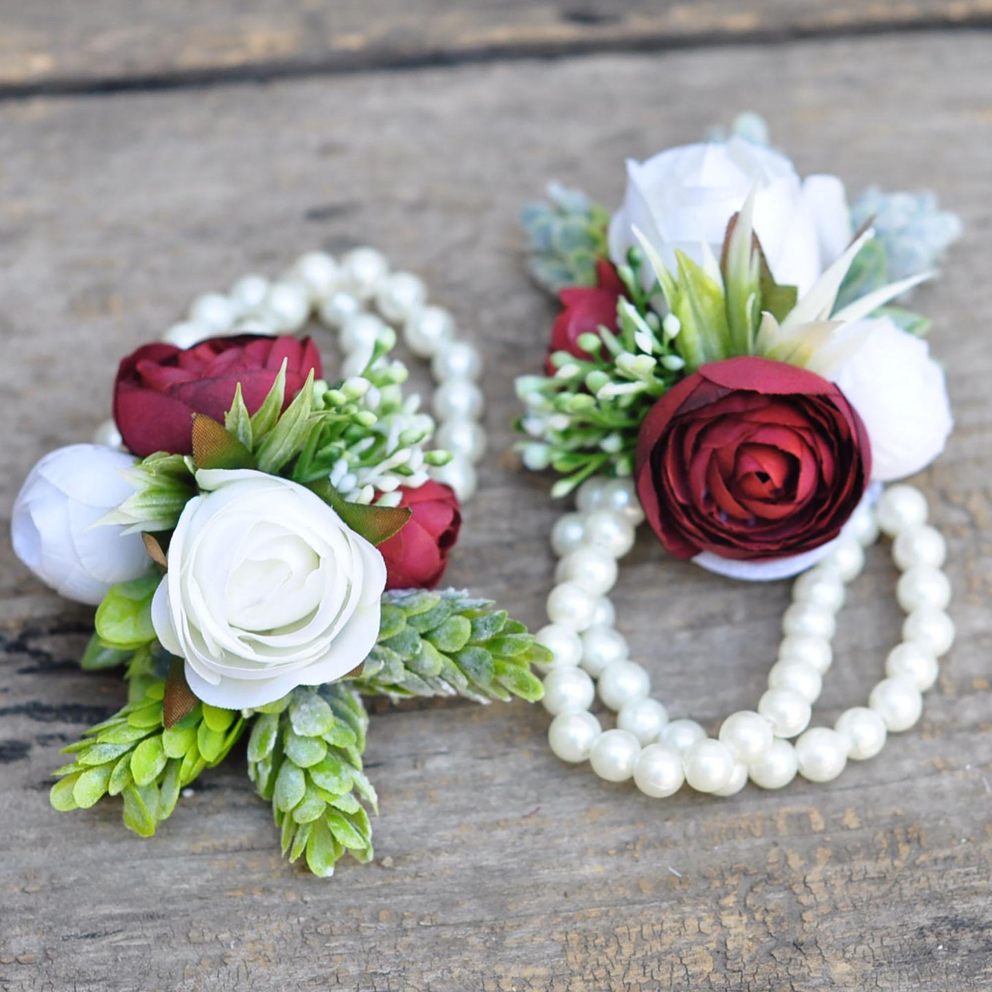 Burgundy Red Rose Pearl Bracelet Wrist Corsage Bridesmaid Gift for Her Anniversary, Rustic Wedding Bridal Accessories, Prom Boutonniere Gift