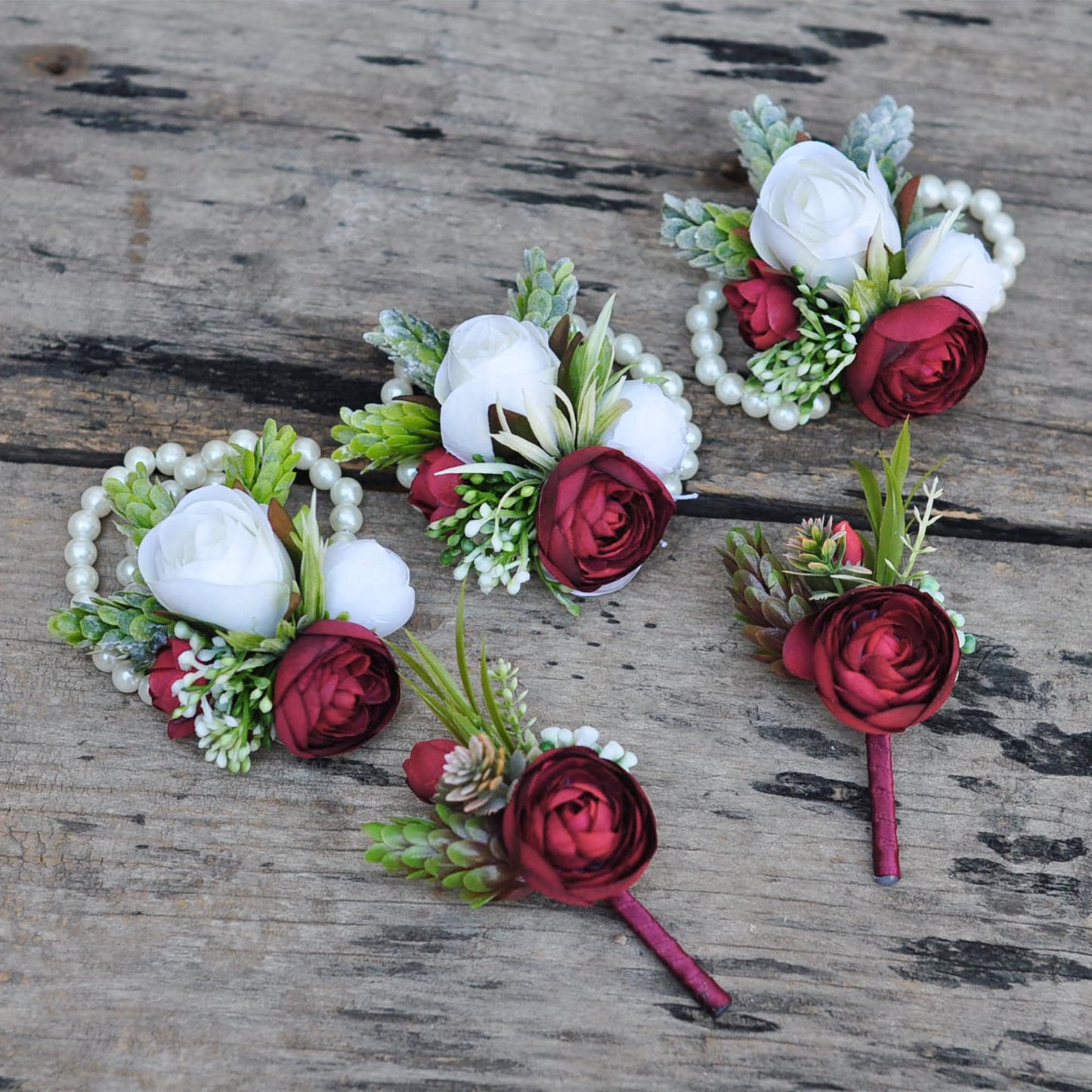 Burgundy Red Rose Pearl Bracelet Wrist Corsage Bridesmaid Gift for Her Anniversary, Rustic Wedding Bridal Accessories, Prom Boutonniere Gift