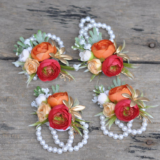 Vintage Orange Rose Pearl Bracelet Wrist Corsage, Silk Red Orange Ranunculus Corsage Gift For Her, Boho Wedding Bracelet, Bridal Accessories
