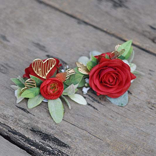 China Red Rose with heart Pearl Bracelet Wrist corsage gift for her Anniversary/Prom/Bridesmaid/Mom/Bridal accessories gift, cake topper