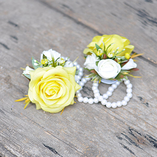 Wrist Pearl Bracelet Yellow Rose Corsage, Rustic Real Touch Rose Corsage, Boho Wedding Bracelet, Yellow Rose Boutonniere Gift For Her
