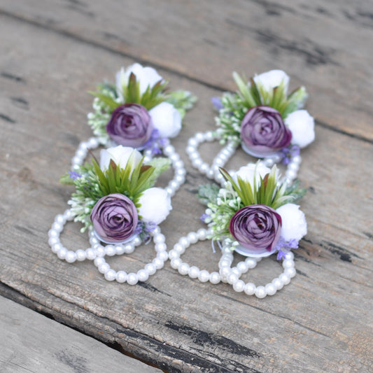 Personalized Royal Purple Rose Pearl Bracelet Wrist Corsage Gift for Bridesmaid, Royal Wedding, Bridal Accessories, Prom Boutonniere Gift