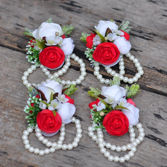Pure Red Rose Pearl Bracelet Wrist Corsage Gift for Her Mom, Bridesmaid Gift, Classic Wedding Bridal Accessories, Prom Boutonniere Gift