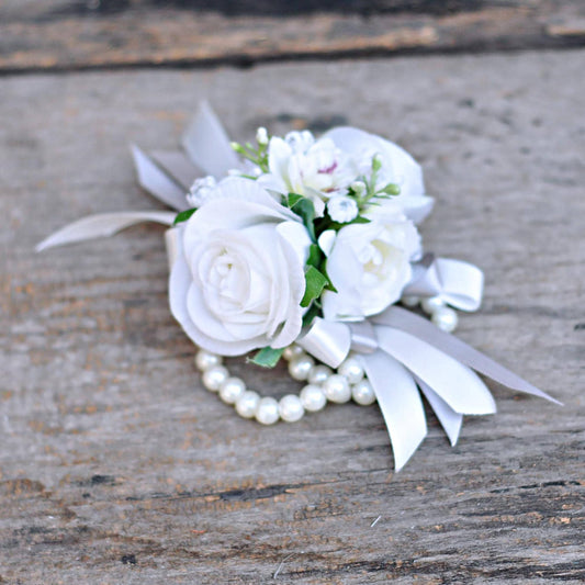Real Touch White Rose Pearl Bracelet Wrist Corsage Gift for Her Wedding, Bridesmaid Gift, Flower Girl Gift, Bridal Accessories, Boutonniere