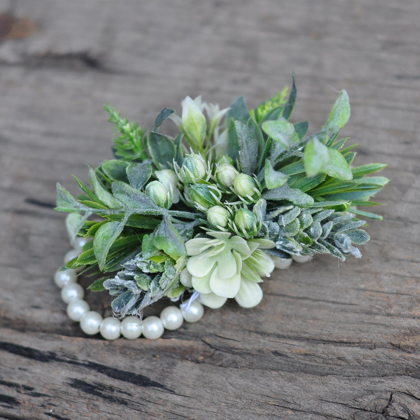 Dusty Green Wildflower Pearl Bracelet Wrist Corsage Gift for Rustic Wedding, Garden Farm Wedding, Prom, Bridesmaid Bridal Accessories Gift