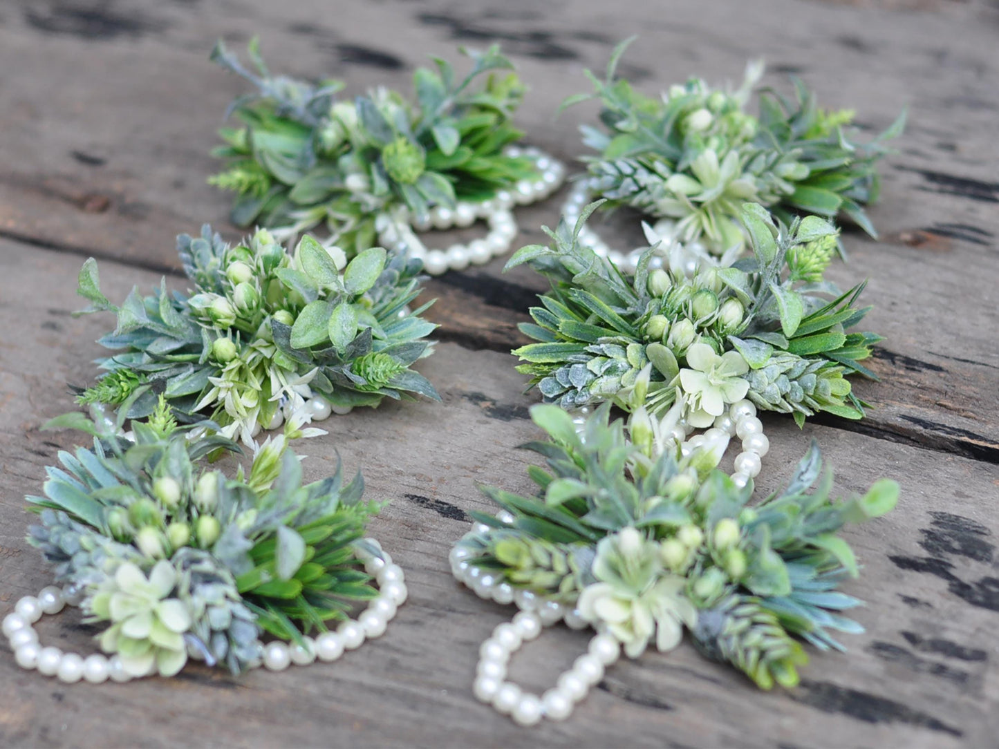 Dusty Green Wildflower Pearl Bracelet Wrist Corsage Gift for Rustic Wedding, Garden Farm Wedding, Prom, Bridesmaid Bridal Accessories Gift