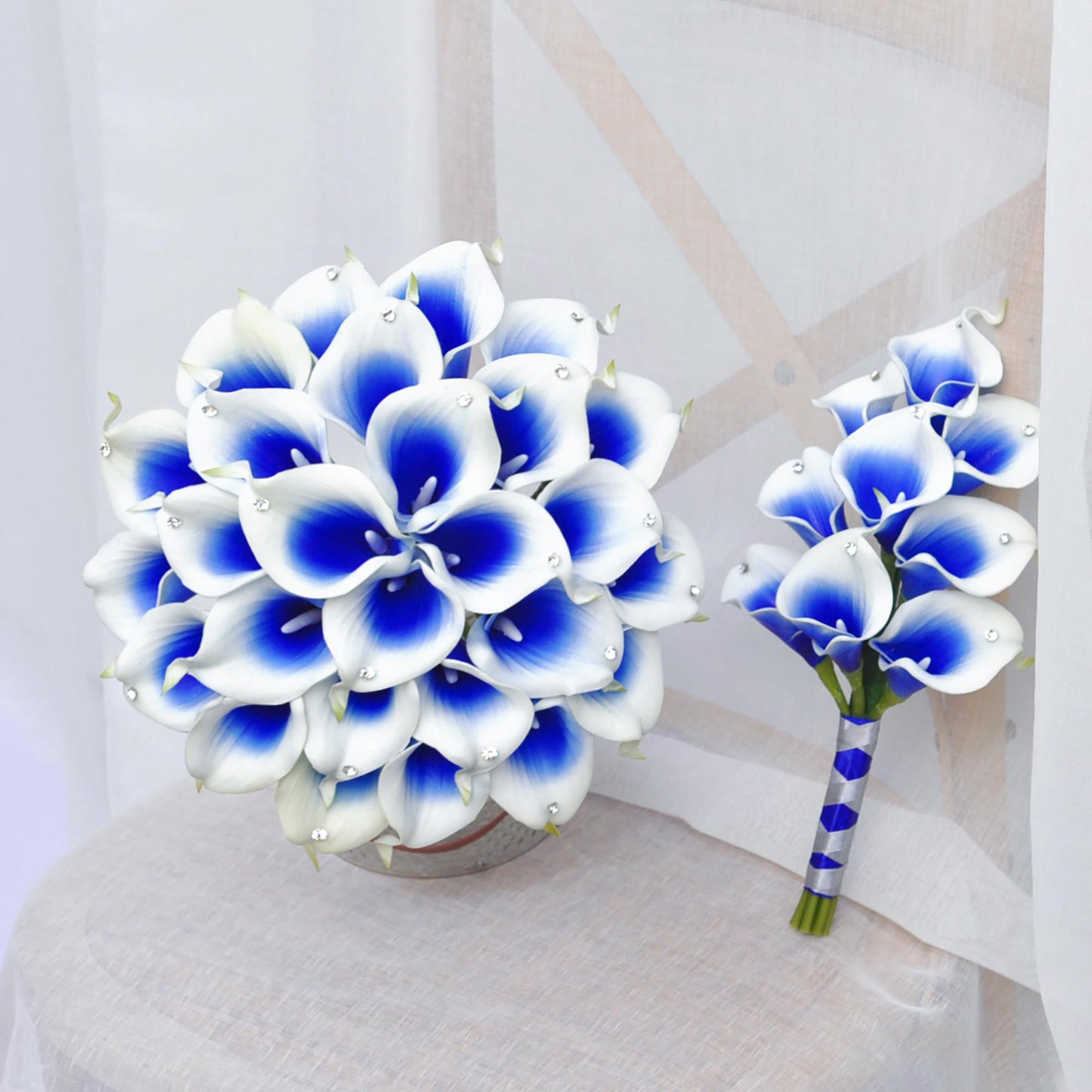 Royal Blue Calla Lily Bridal Bouquet, Rhinestone Bouquet, Bling Rhinestone Wedding Bouquet, Real Touch Calla Lily Bridesmaid Bouquet Gift