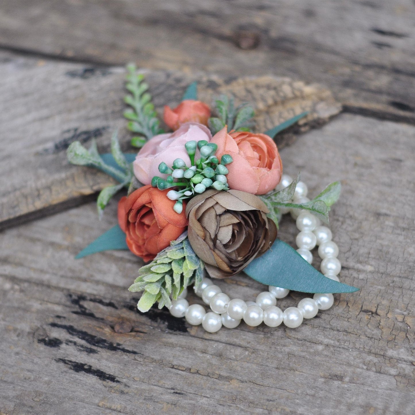 Personalized Brown Rose Pearl Bracelet Wrist Corsage Gift for Her Boho Wedding, Fall Wedding, Bridesmaid Gift, Mom Gift, Bridal Accessories