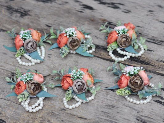 Personalized Brown Rose Pearl Bracelet Wrist Corsage Gift for Her Boho Wedding, Fall Wedding, Bridesmaid Gift, Mom Gift, Bridal Accessories