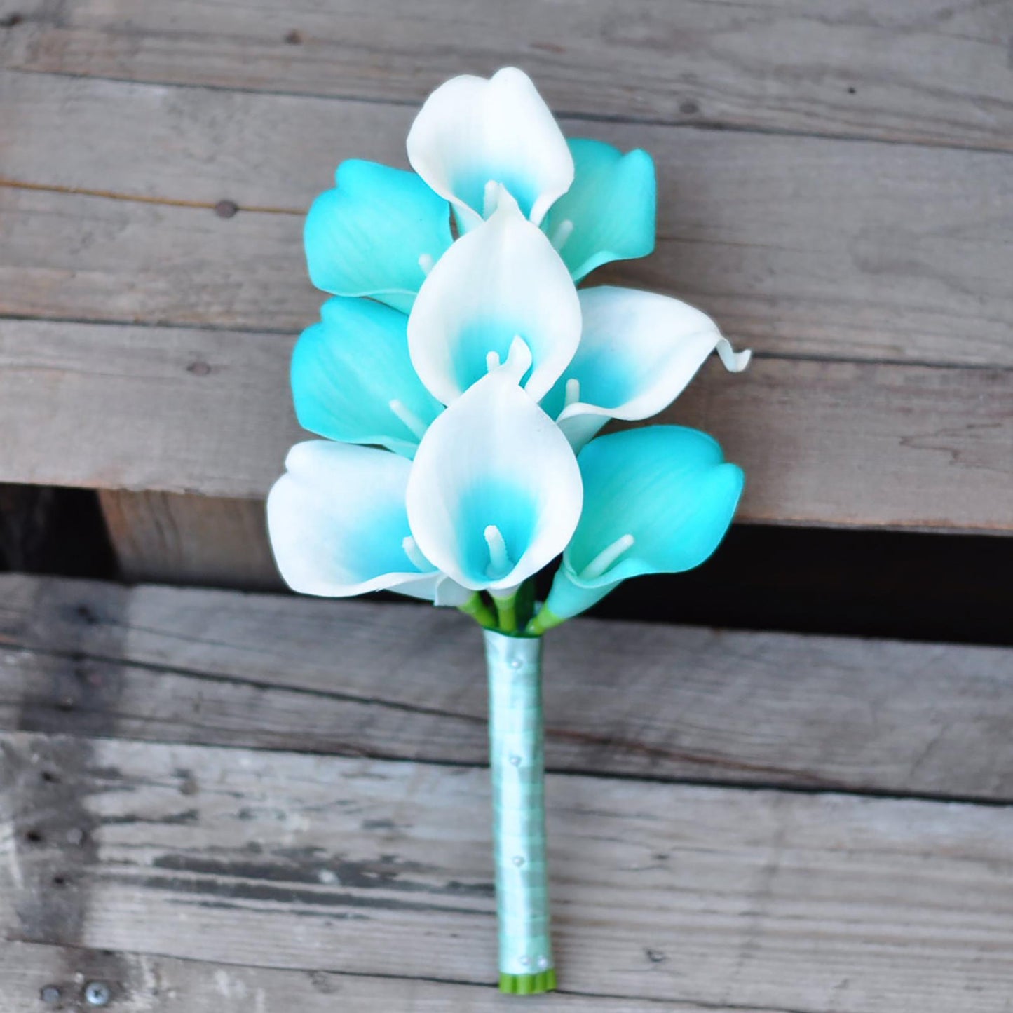 Cascade Tiffany Blue Calla Lily Bridal Bouquet, Simple Tiffany Blue Bridesmaid Bouquet, Classic Tiffany Blue Wedding Bouquet, Spa Blue Swag