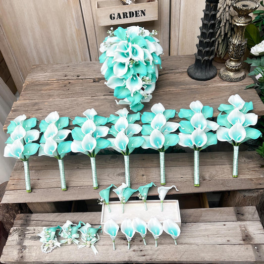 Cascade Tiffany Blue Calla Lily Bridal Bouquet, Simple Tiffany Blue Bridesmaid Bouquet, Classic Tiffany Blue Wedding Bouquet, Spa Blue Swag