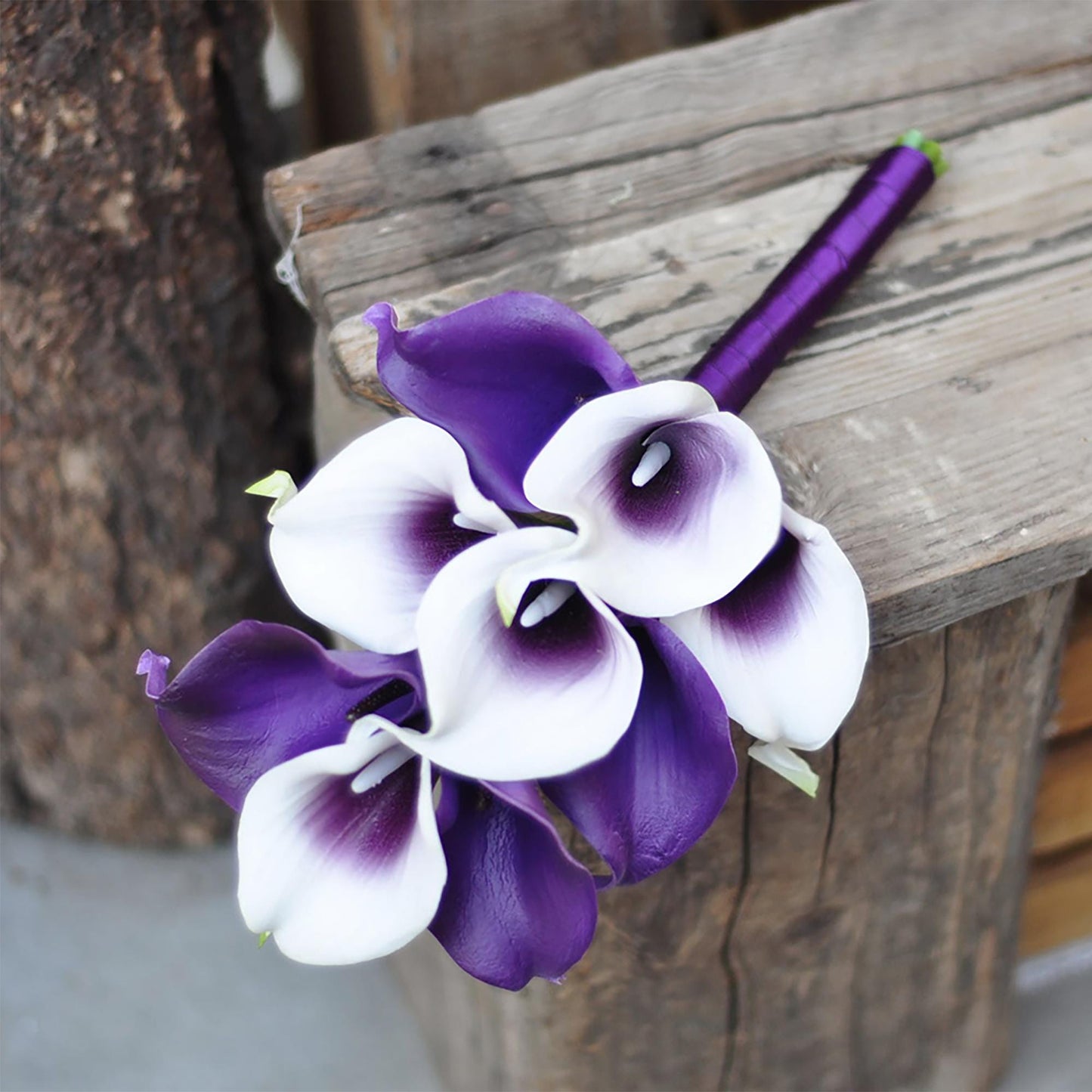 Cascade Teal Plum Picasso Calla Lily Bridal Bouquet, White Teal Calla Lily Bridesmaid Bouquet, Boho Purple Calla Lily Wedding Bouquet Gift