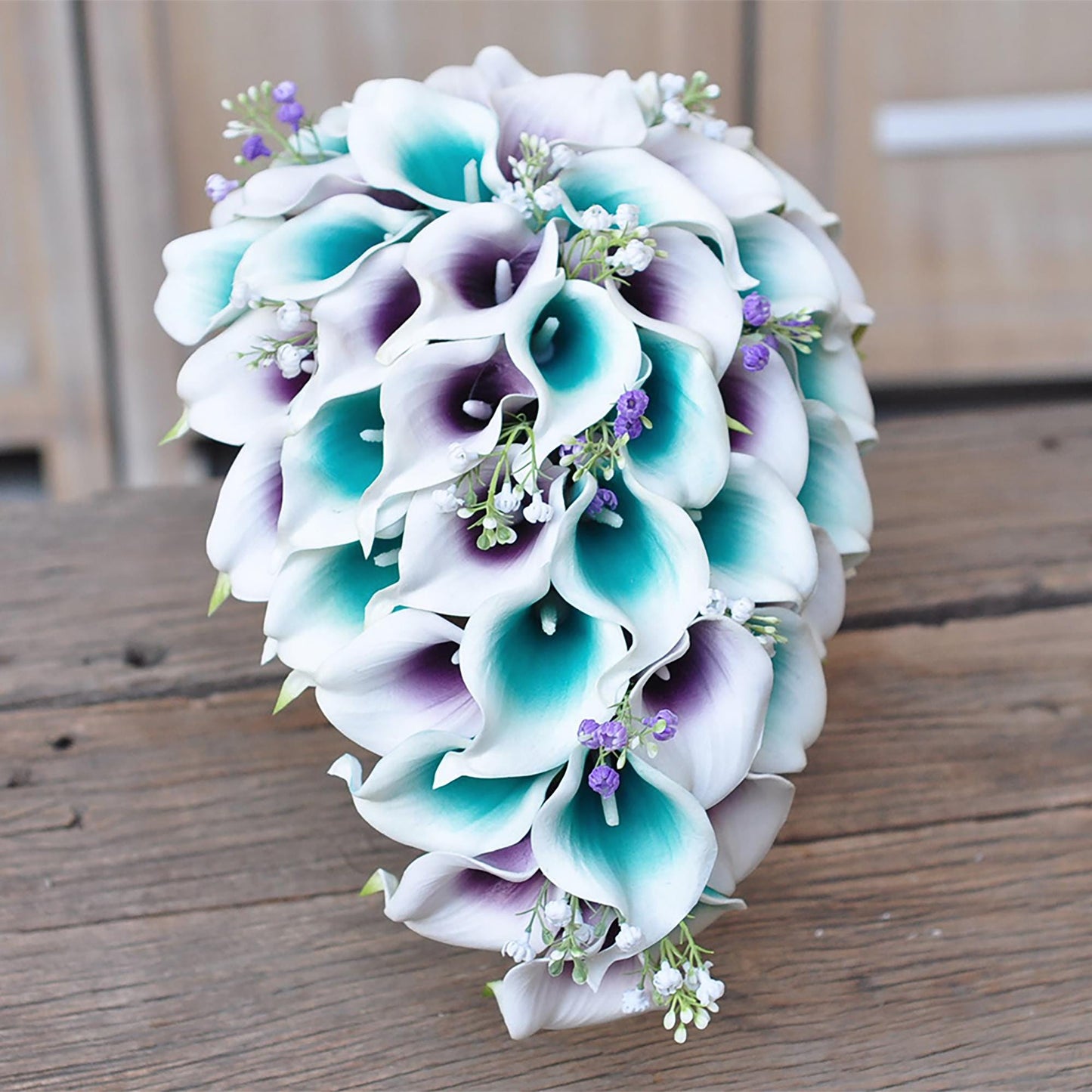 Cascade Teal Plum Picasso Calla Lily Bridal Bouquet, White Teal Calla Lily Bridesmaid Bouquet, Boho Purple Calla Lily Wedding Bouquet Gift
