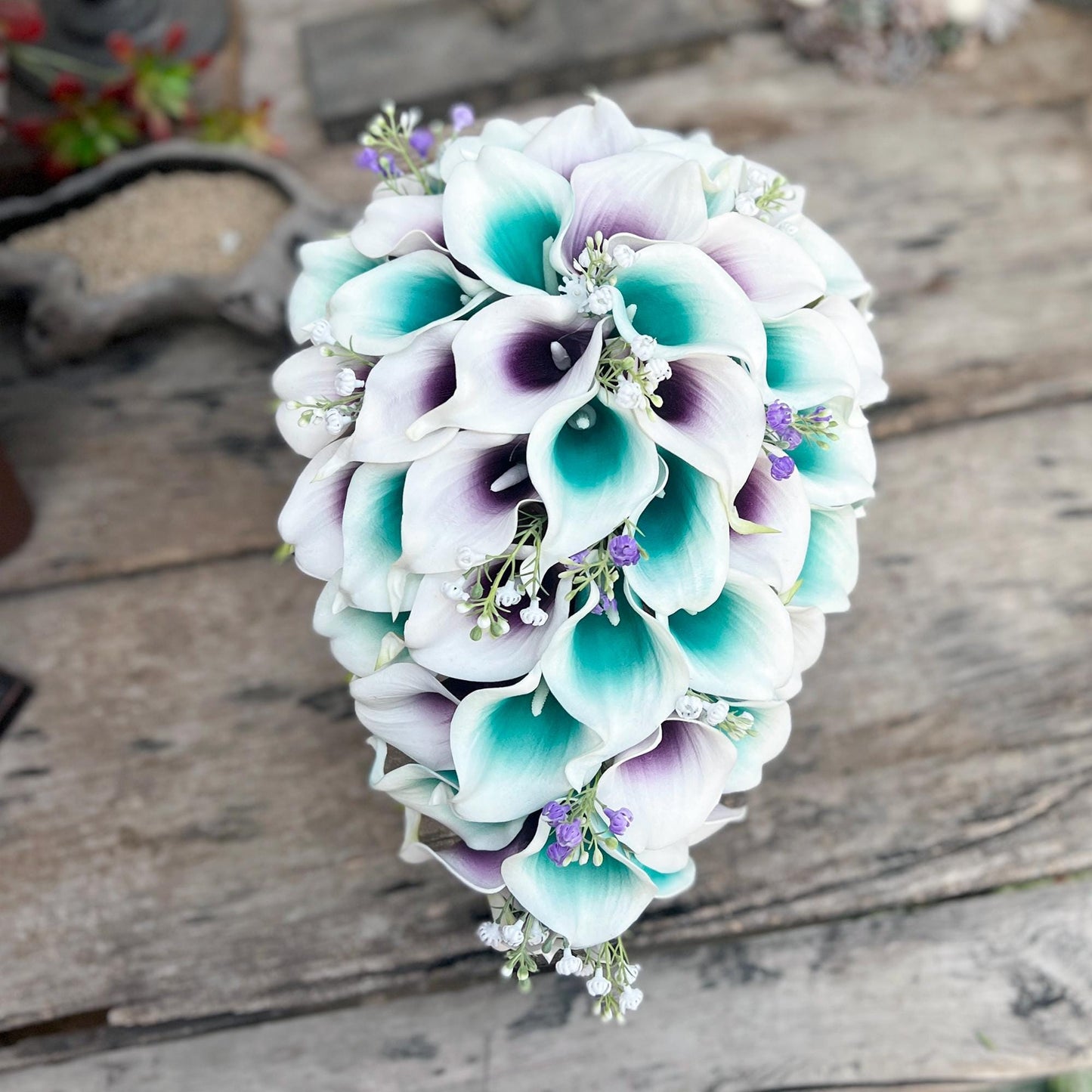 Cascade Teal Plum Picasso Calla Lily Bridal Bouquet, White Teal Calla Lily Bridesmaid Bouquet, Boho Purple Calla Lily Wedding Bouquet Gift