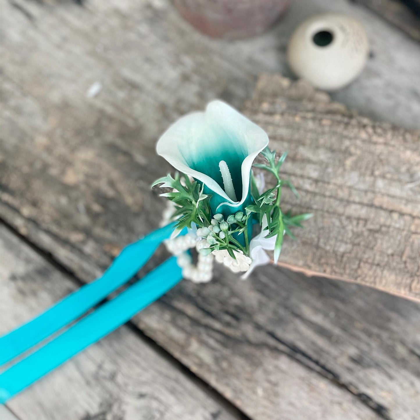 Solid Teal Calla Lily Cascade Bouquet, White Teal Picasso Wedding Bouquet, Choose Ribbon Boho Teal Bridal Bouquet, Rustic Teal Calla Lily