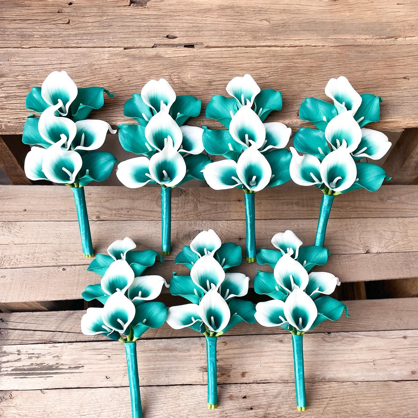 Solid Teal Calla Lily Cascade Bouquet, White Teal Picasso Wedding Bouquet, Choose Ribbon Boho Teal Bridal Bouquet, Rustic Teal Calla Lily