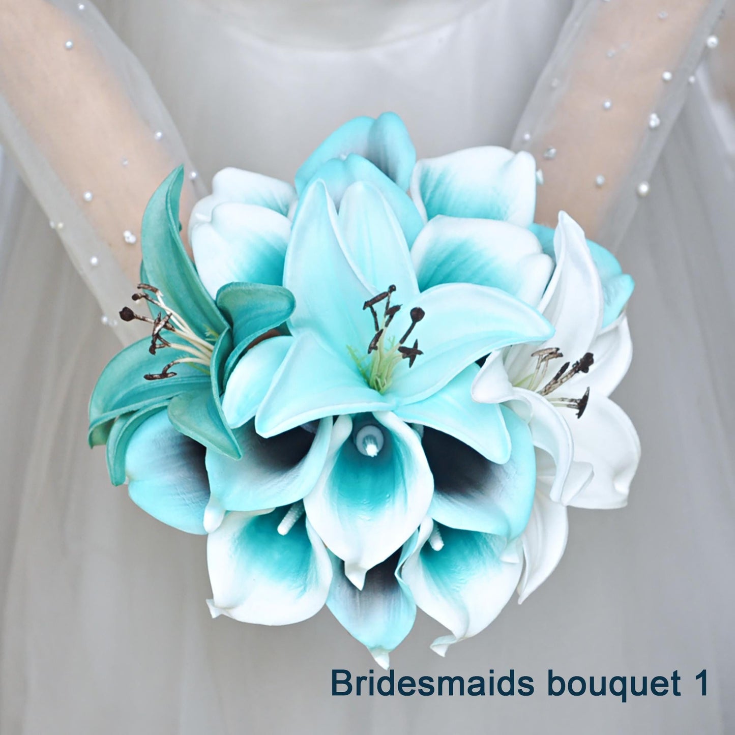 Cascade Tiffany Calla Lily Bridal Bouquet, Tiger Lily Bridesmaid Bouquet, Spa Turquoise Lily Bouquet, Rustic White Beach Wedding Bouquet