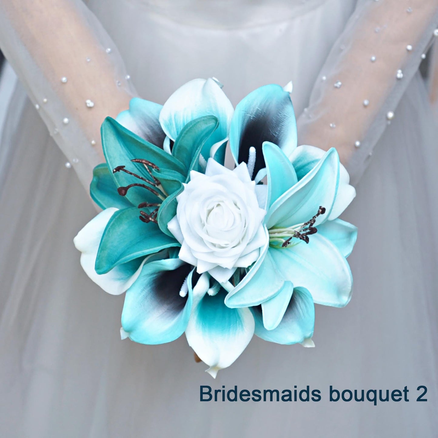 Cascade Tiffany Calla Lily Bridal Bouquet, Tiger Lily Bridesmaid Bouquet, Spa Turquoise Lily Bouquet, Rustic White Beach Wedding Bouquet
