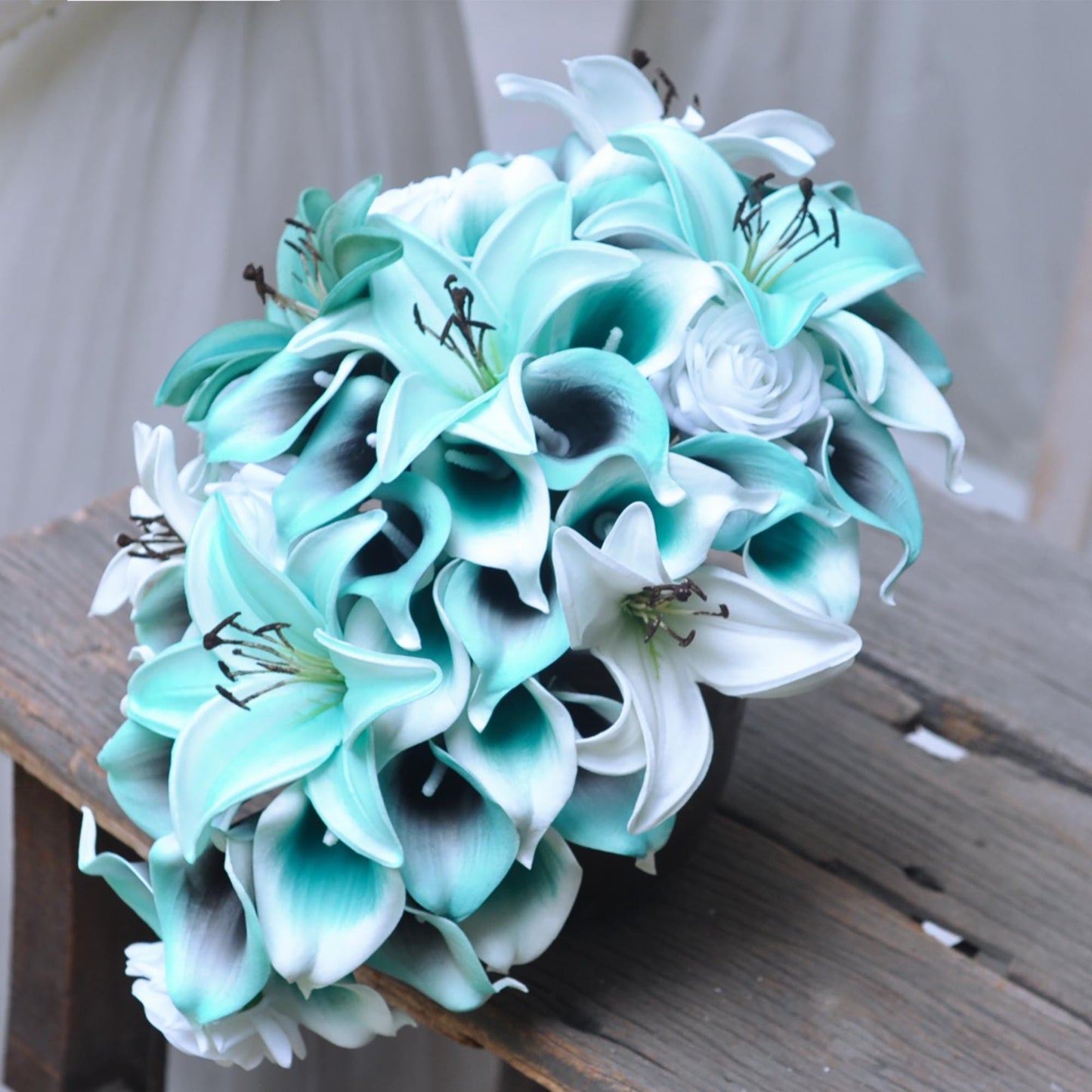 Cascade Tiffany Calla Lily Bridal Bouquet, Tiger Lily Bridesmaid Bouquet, Spa Turquoise Lily Bouquet, Rustic White Beach Wedding Bouquet