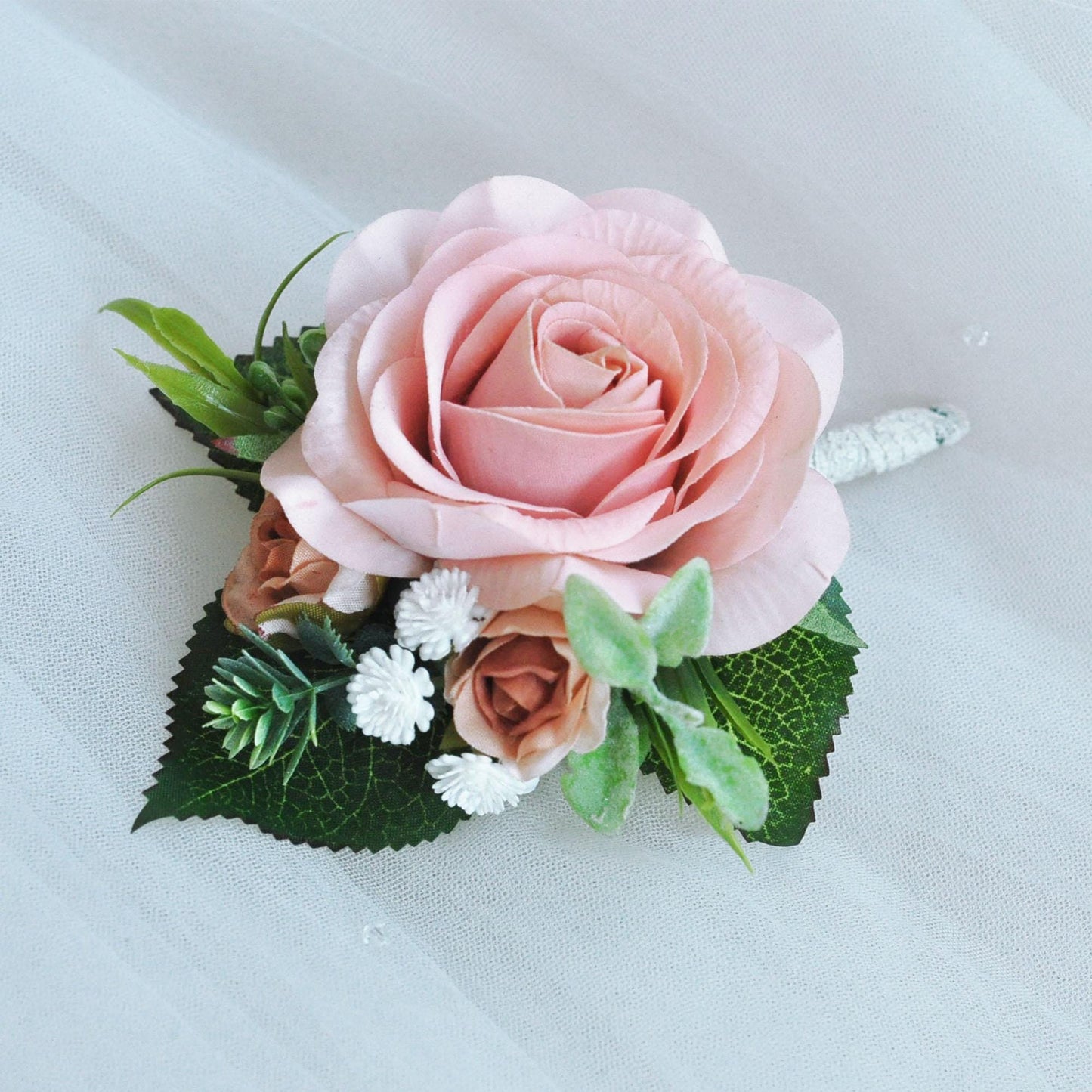 Real Touch White Rose Boutonniere Gift For Groom, Fathers, Groomsmen Gift, Wedding Pin Corsage, Dusty Pink Proposal Lace Prom Boutonniere