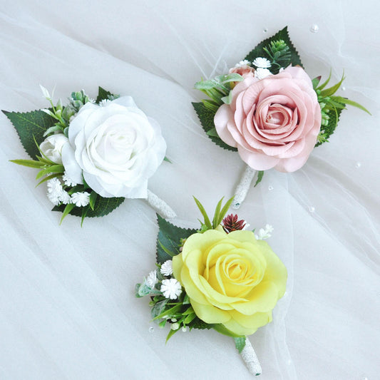 Real Touch White Rose Boutonniere Gift For Groom, Fathers, Groomsmen Gift, Wedding Pin Corsage, Dusty Pink Proposal Lace Prom Boutonniere