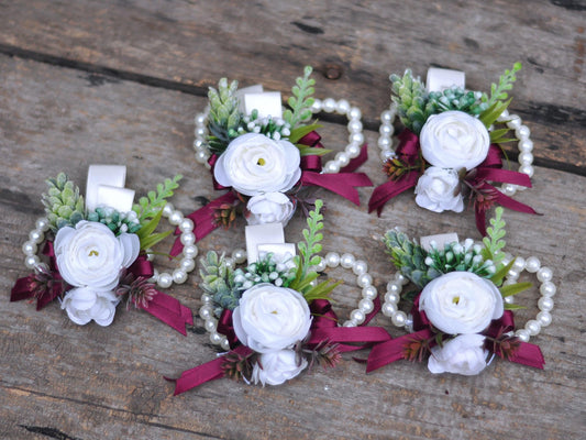 Personalized White Rose Pearl Bracelet Ribbon Corsage Gift for Her Bridesmaid Mom, Fantasy Boho Wedding Bridal Accessories, Prom Boutonniere