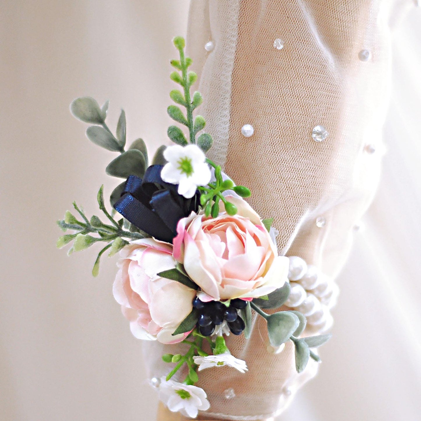 Rustic Champagne Pink Rose Pearl Bracelet, Navy Wrist Corsage Gift For Her Military Wedding, Mom, Bridesmaid Gift, Prom, Bridal Accessories