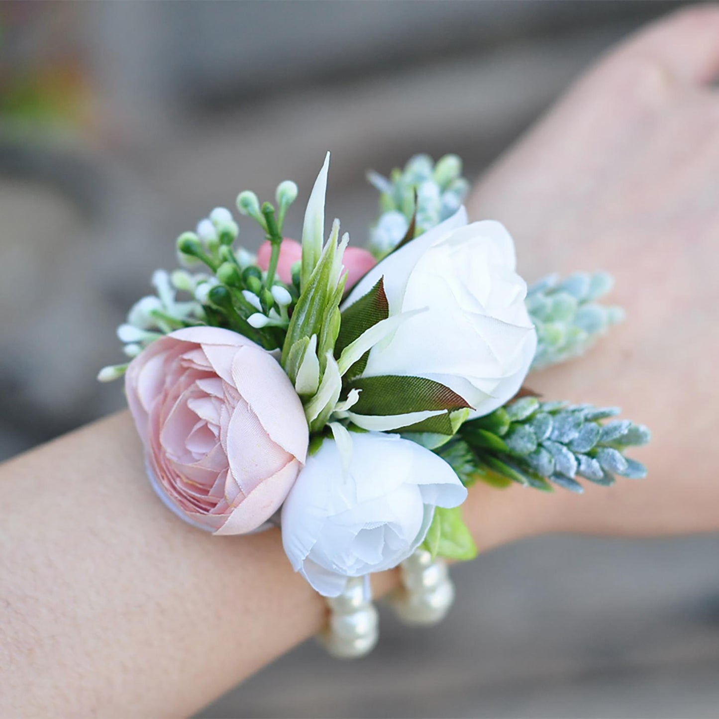 Personalized Dusty Pink Rose Pearl Bracelet Wrist Corsage Gift for Her Bridesmaid, Mom, Rustic Wedding Bridal Accessories, Prom Boutonniere