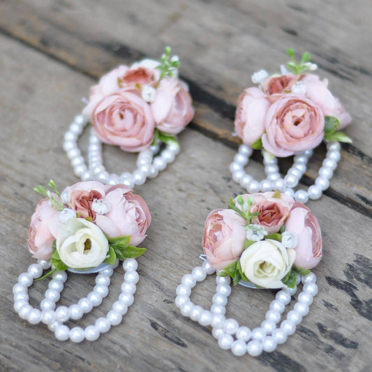 Wrist Pearl Bracelet Dusty Rose Corsage, Silk Dusty Pink Ranunculus Corsage, Boho Wedding Bracelet, Mom Corsage Gift, Bridesmaid Corsage Kid