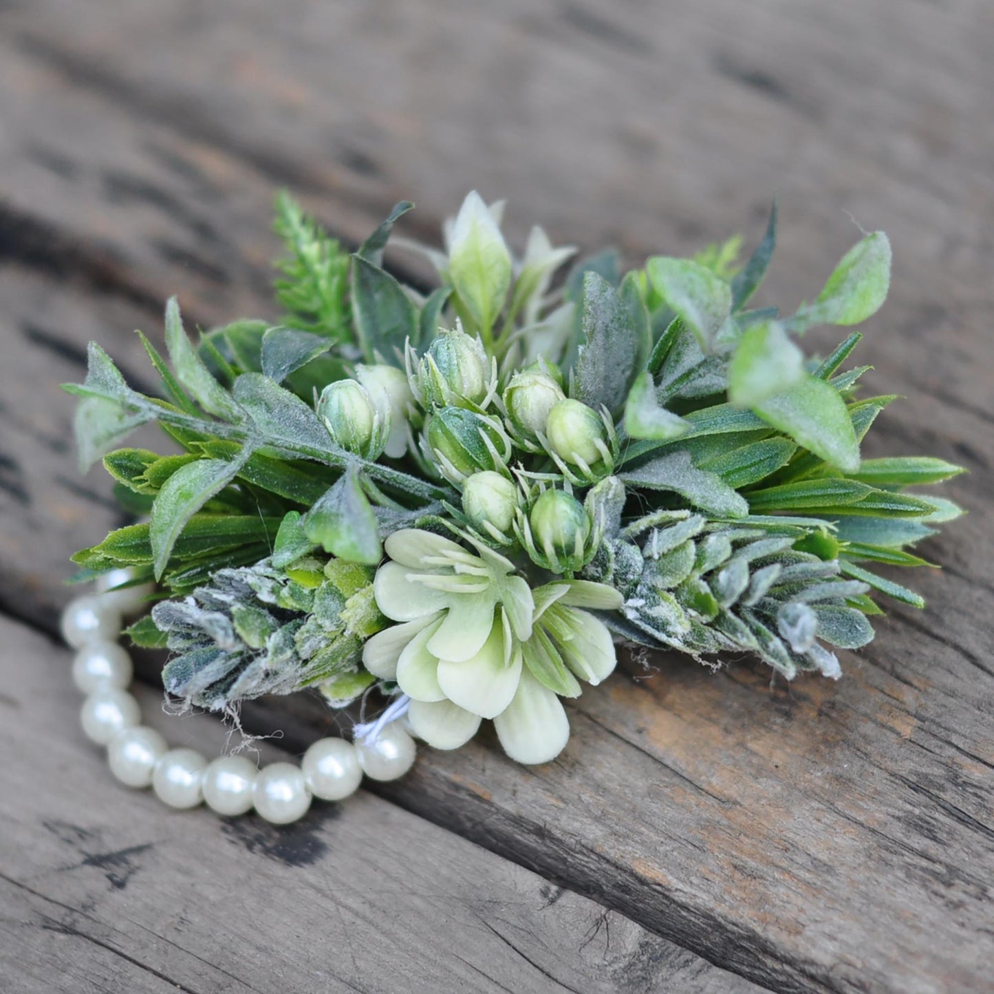 Dusty Green Wildflower Pearl Bracelet Wrist Corsage Gift for Rustic Wedding, Garden Farm Wedding, Prom, Bridesmaid Bridal Accessories Gift