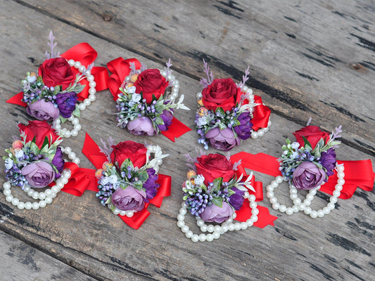 Red Pearl Bracelet Real Touch Rose Wrist Corsage, Choose Ribbon Silk Vintage Purple Ranunculus Corsage, Rustic Boho Rose Pin Gift For Her