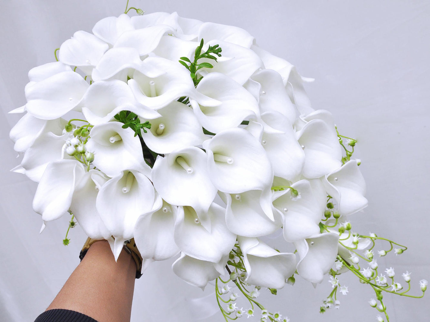 Cascade White Calla Lily Bridal Bouquet, Rustic Bridesmaid Bouquet, Lily of the Valley Wedding Flowers, Elegant Bridal Accessories