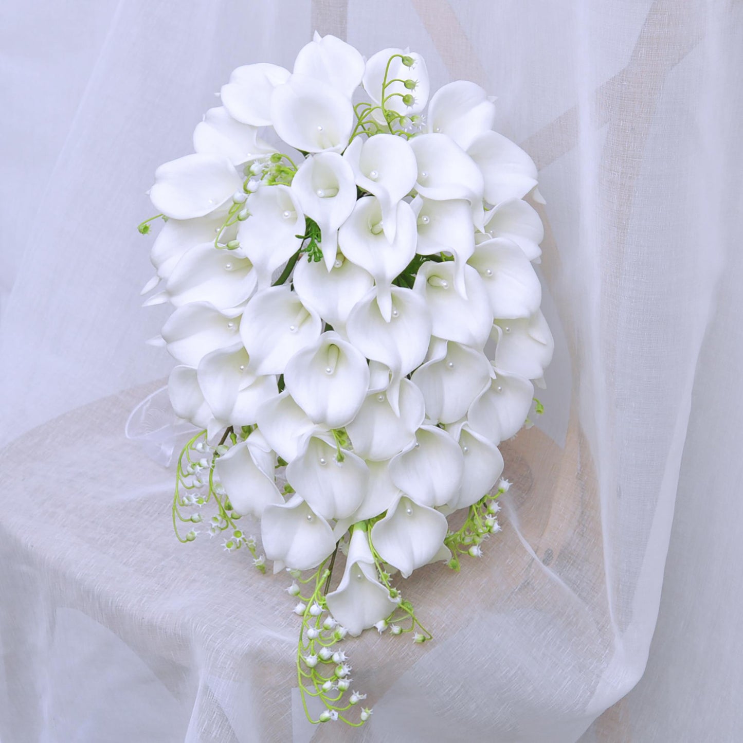 Cascade White Calla Lily Bridal Bouquet, Rustic Bridesmaid Bouquet, Lily of the Valley Wedding Flowers, Elegant Bridal Accessories