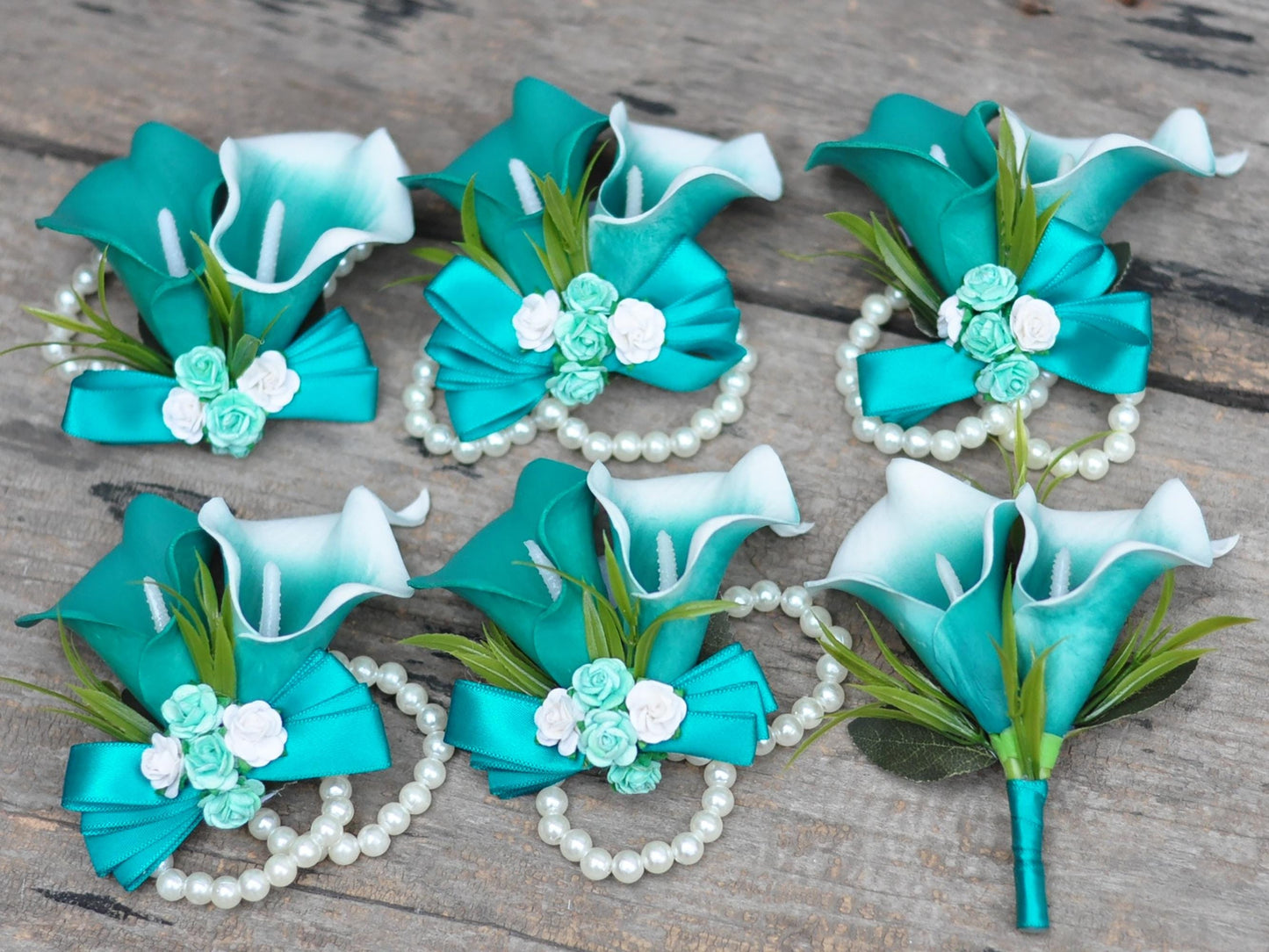 Real Touch Solid Teal Calla Lily Pearl Bracelet Wrist Corsage, Mulberry Flower Corsage Gift For Prom, Wedding Gift, Best Man Boutonniere Dad