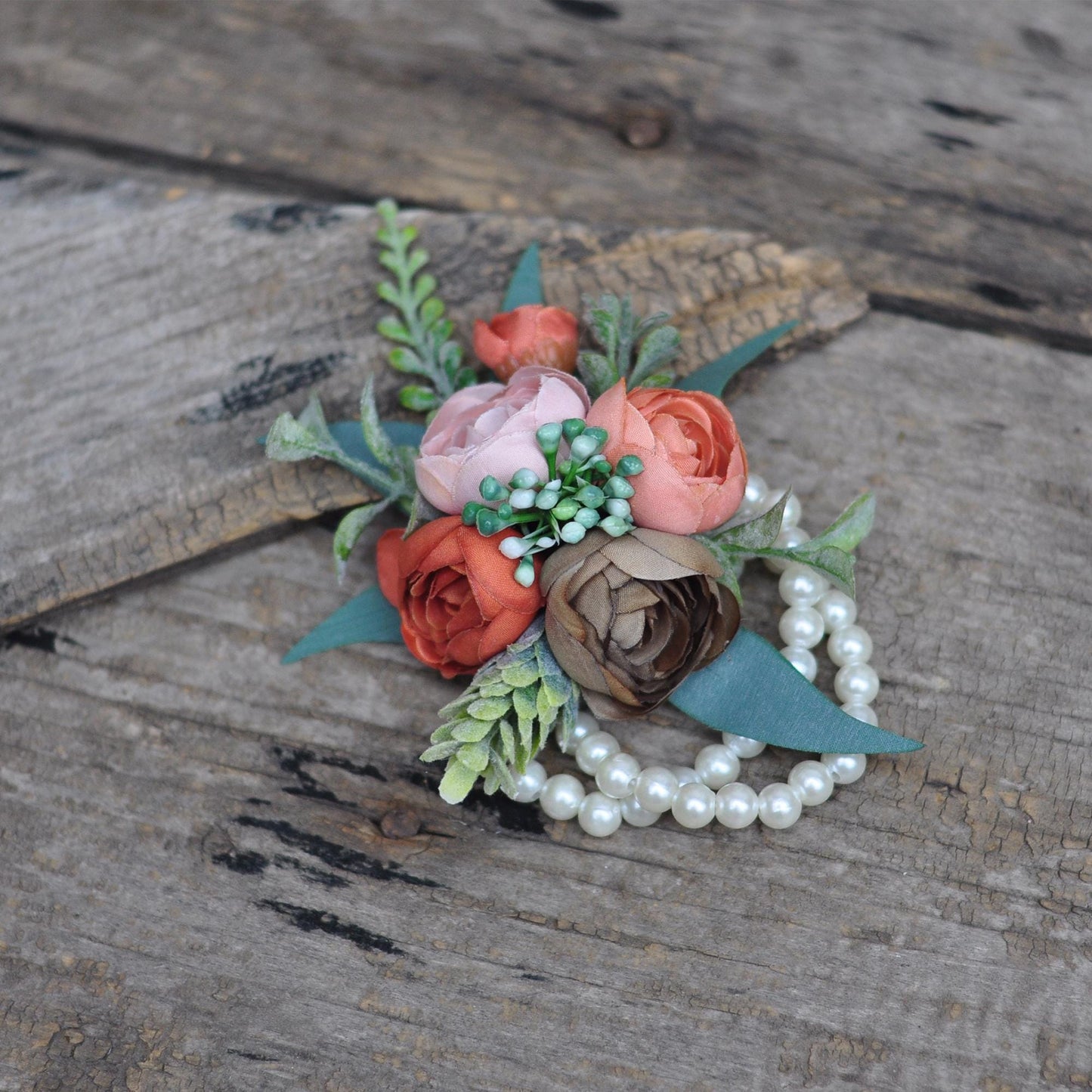 Personalized Brown Rose Pearl Bracelet Wrist Corsage Gift for Her Boho Wedding, Fall Wedding, Bridesmaid Gift, Mom Gift, Bridal Accessories