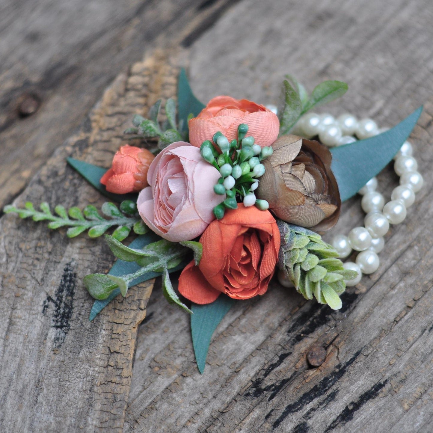 Personalized Brown Rose Pearl Bracelet Wrist Corsage Gift for Her Boho Wedding, Fall Wedding, Bridesmaid Gift, Mom Gift, Bridal Accessories