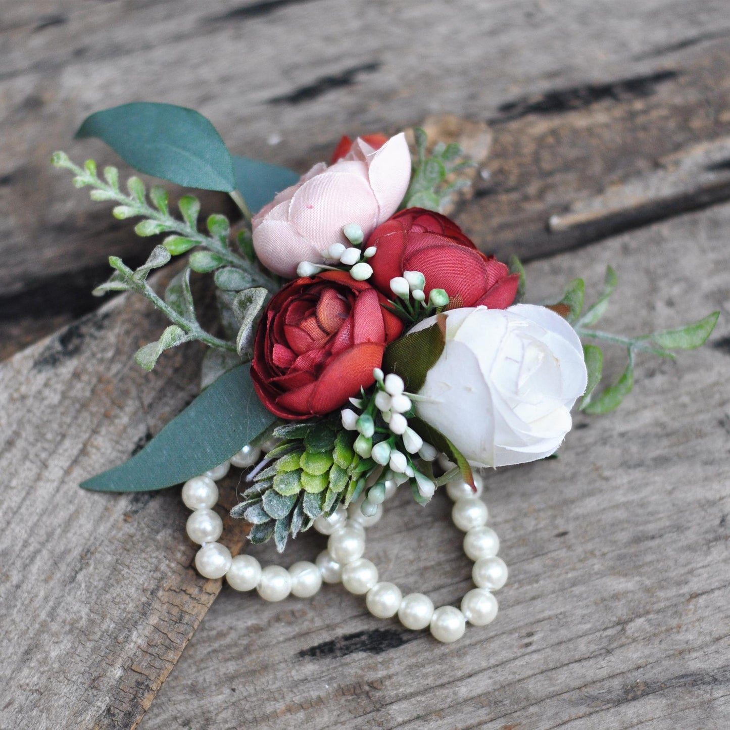 Country Red Rose Pearl Bracelet Wrist Corsage Gift for Her Boho Wedding, Prom, Mommy, Bridesmaid Bridal Accessories, Groom Boutonniere Gift