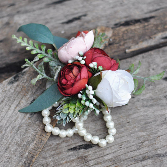 Country Red Rose Pearl Bracelet Wrist Corsage Gift for Her Boho Wedding, Prom, Mommy, Bridesmaid Bridal Accessories, Groom Boutonniere Gift