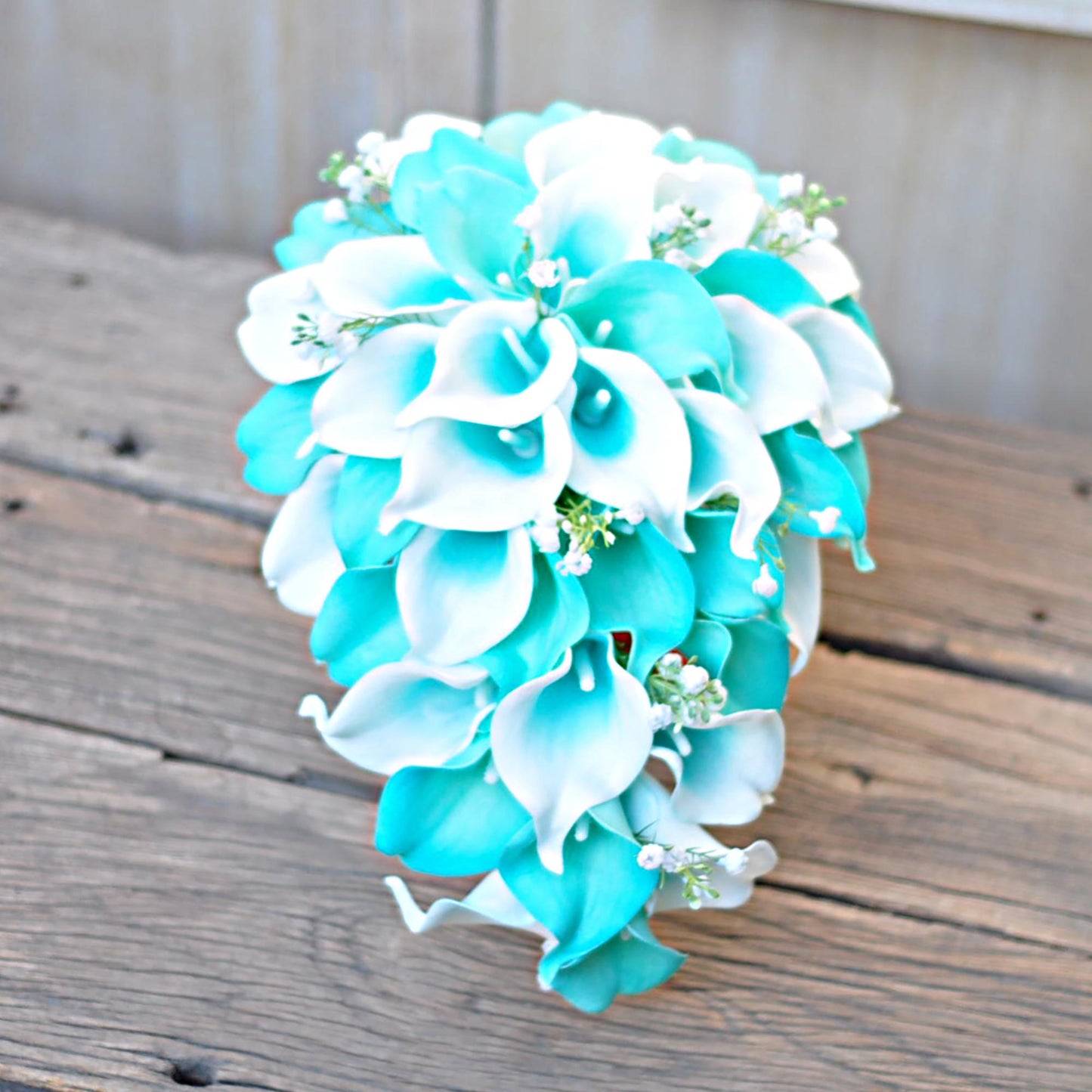 Cascade Tiffany Blue Calla Lily Bridal Bouquet, Simple Tiffany Blue Bridesmaid Bouquet, Classic Tiffany Blue Wedding Bouquet, Spa Blue Swag