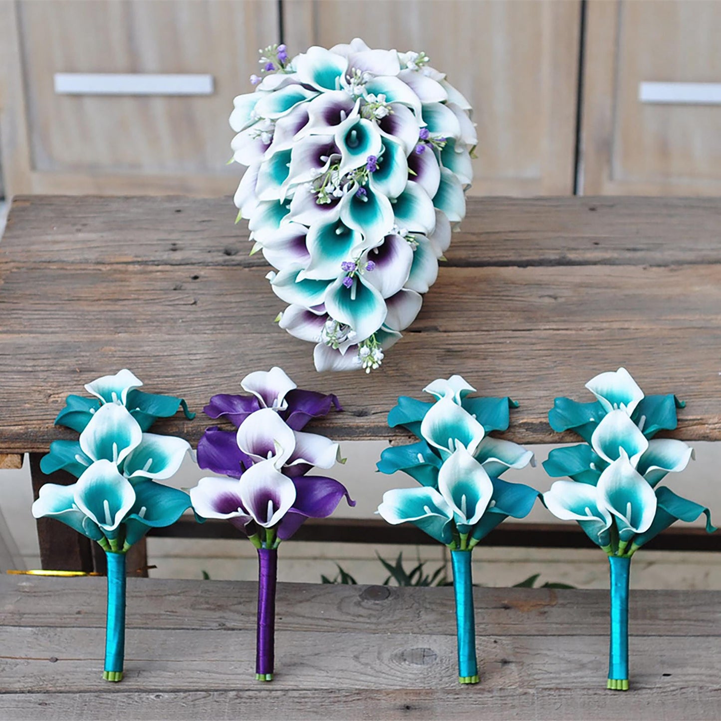 Cascade Teal Plum Picasso Calla Lily Bridal Bouquet, White Teal Calla Lily Bridesmaid Bouquet, Boho Purple Calla Lily Wedding Bouquet Gift