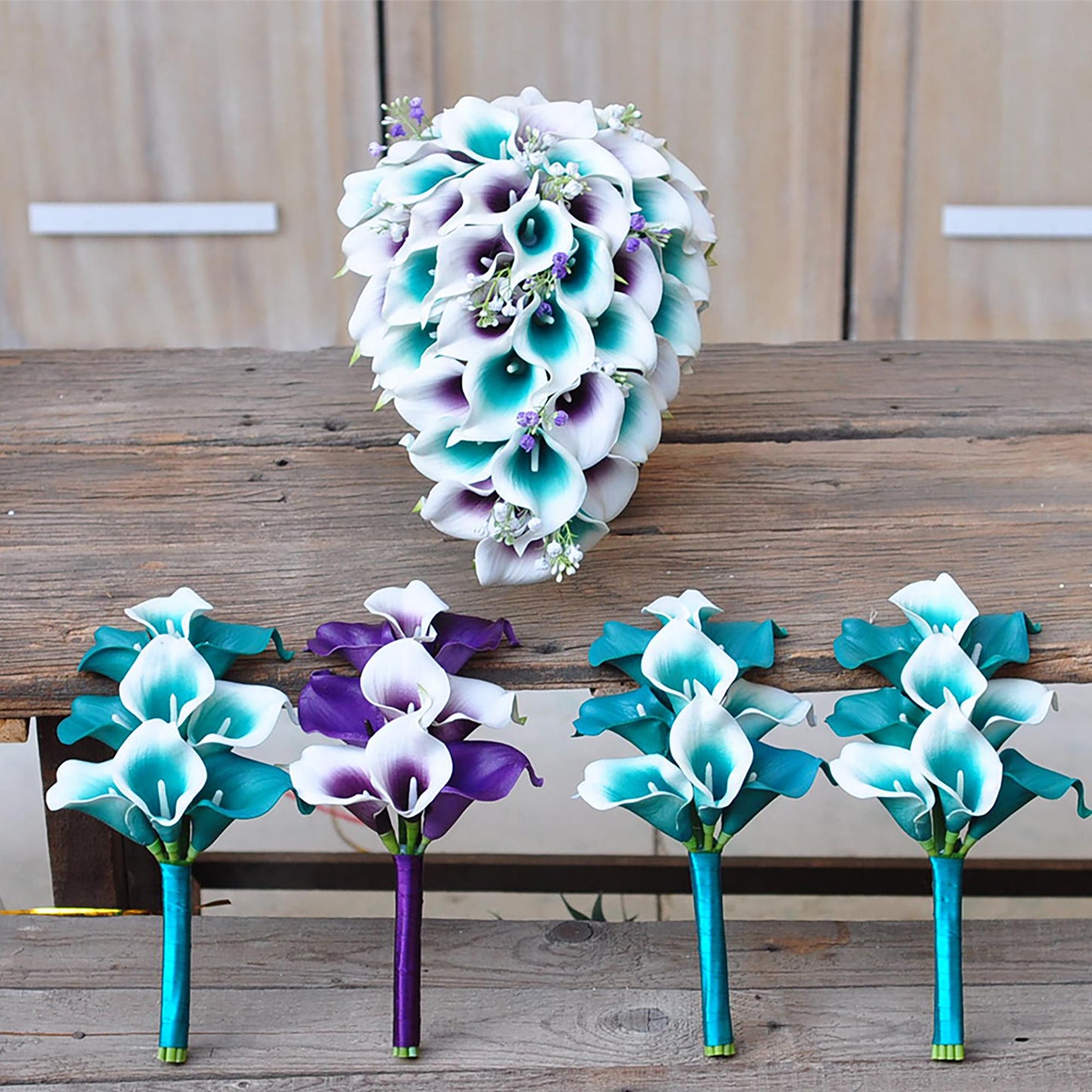 Cascade Teal Plum Picasso Calla Lily Bridal Bouquet, White Teal Calla Lily Bridesmaid Bouquet, Boho Purple Calla Lily Wedding Bouquet Gift