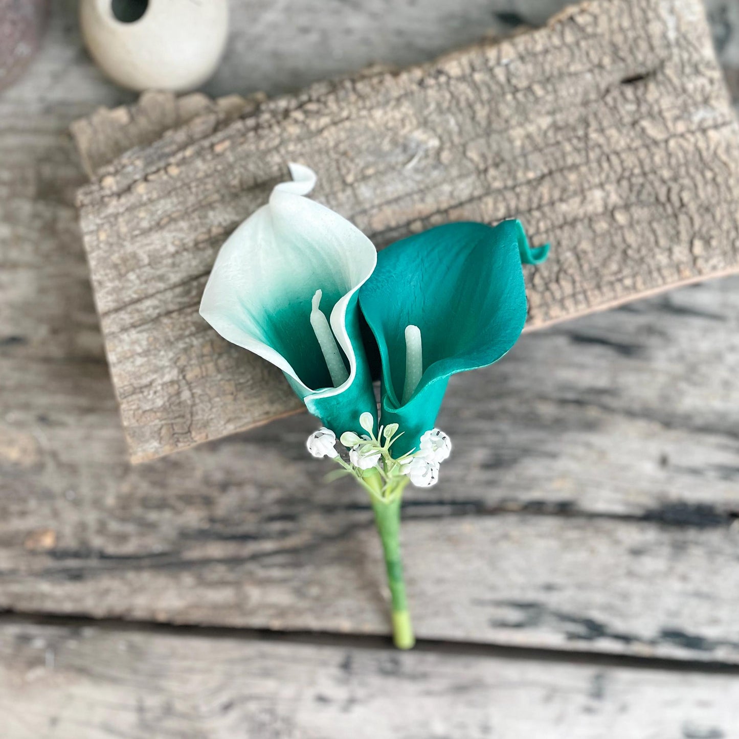 Solid Teal Calla Lily Cascade Bouquet, White Teal Picasso Wedding Bouquet, Choose Ribbon Boho Teal Bridal Bouquet, Rustic Teal Calla Lily