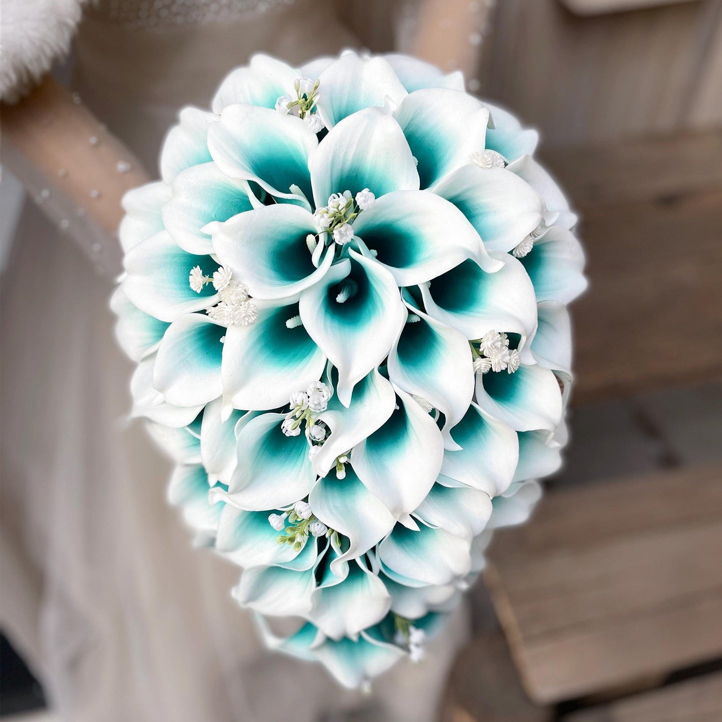 Solid Teal Calla Lily Cascade Bouquet, White Teal Picasso Wedding Bouquet, Choose Ribbon Boho Teal Bridal Bouquet, Rustic Teal Calla Lily